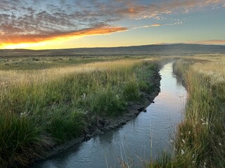 Fototapeta na wymiar Sunrise over a stream in the grasslands of eastern Wyoming