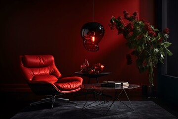 In a dark void, a vibrant red recliner sits under a stylish hanging lamp. A floral coffee table complements the creative atmosphere. Generative AI