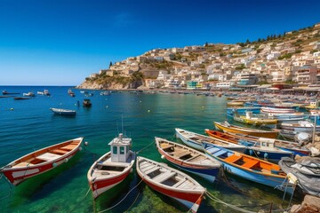 Fototapeta na wymiar Breathtaking seaport view with numerous boats nestled near the Mediterranean coastline. Generative AI