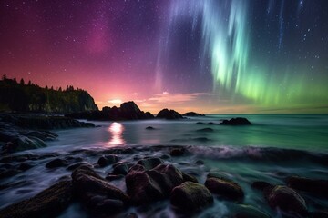 Spectacular display of colorful northern lights casting a glow on rocky coast as waves crash below. Generative AI