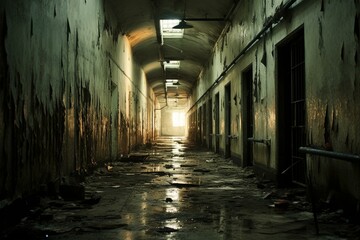Fototapeta na wymiar Old, run-down mental institution inside deserted structure; dirty corridor. Generative AI