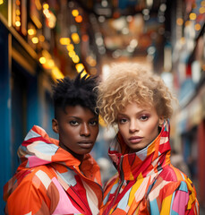 Obraz premium Portrait of a queer model couple in futuristic high fashion clothing on the street.