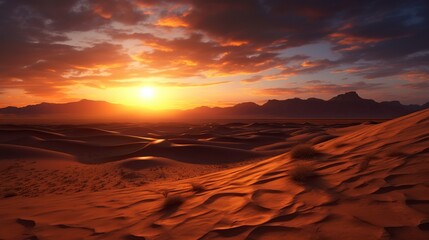 Desert landscape with sand dunes at sunset