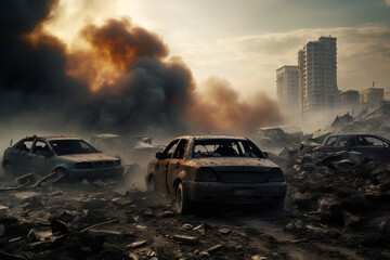 Disaster city destruction transportation vehicle car fire abandoned automobile burnt destroy - obrazy, fototapety, plakaty