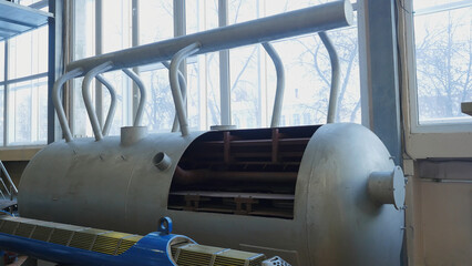 Nuclear Reactor Steam Generator. Stock footage. Tank of steam generator inside old room. Internal...