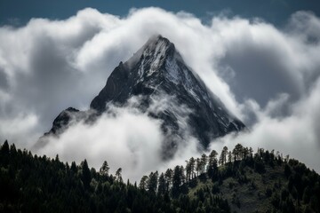 A towering peak enveloped by numerous clouds in the sky above and below. Generative AI