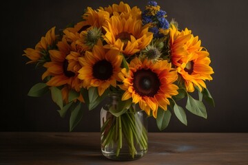 A cluster of vibrant sunflowers arranged neatly in a vase. Generative AI