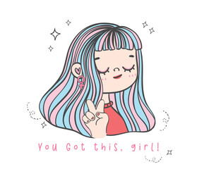 Cute Empowered Girl with OK Hand Gesture. Feminist Cartoon Character. Diverse Feminism Concept Confident Multicultural Women Empowerment illustration.