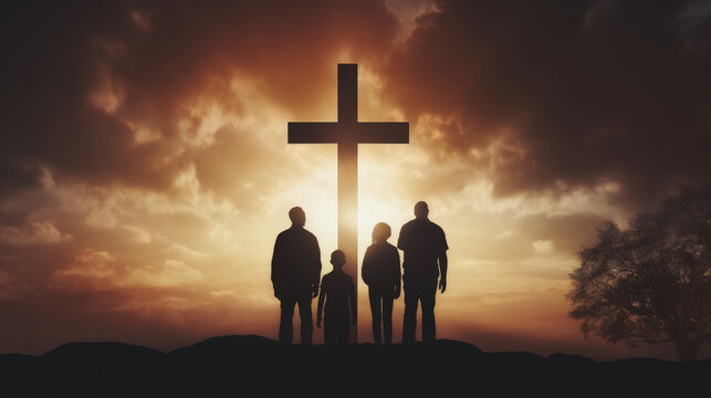 family looking christian cross silhouette
