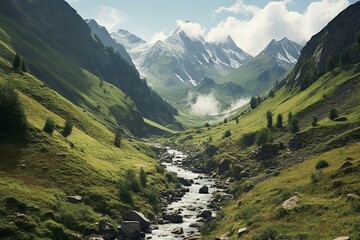Fototapeta na wymiar Mountainous area in North Caucasus Russia. Generative AI