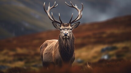 Red Deer stag in the Scottish Highlands during rutting season - obrazy, fototapety, plakaty