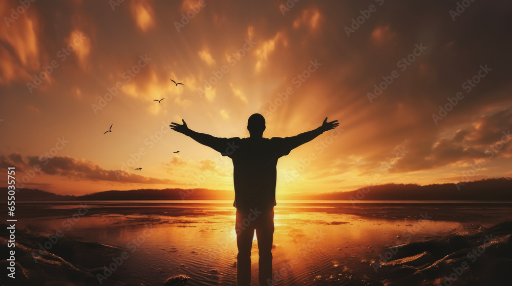 Wall mural silhouette man open arms sunset