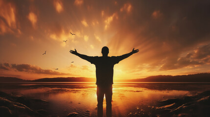 silhouette man open arms sunset