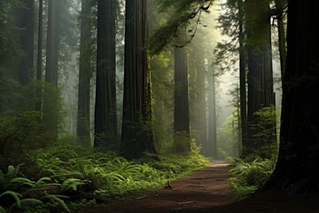 Artwork depicting Simpson-Reed grove of Coast Redwoods in Jedediah Smith State Park, part of Redwood National and State Parks, California. Generative AI - obrazy, fototapety, plakaty