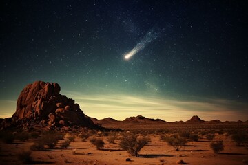 A meteor hits the desert at night. Generative AI - obrazy, fototapety, plakaty