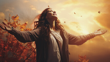 woman Praise sunset fall outdoors - obrazy, fototapety, plakaty