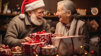 elderly couple with christmas presents