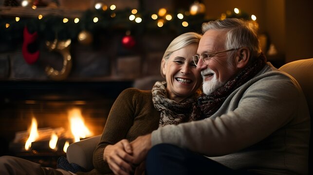 elderly couple at by the fireplace