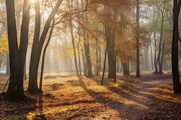 Misty autumn forest morning with sunlight piercing through fog in a panoramic October park view. Generative AI