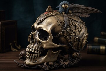Mystical crow sorcery pirate skull. Generative AI