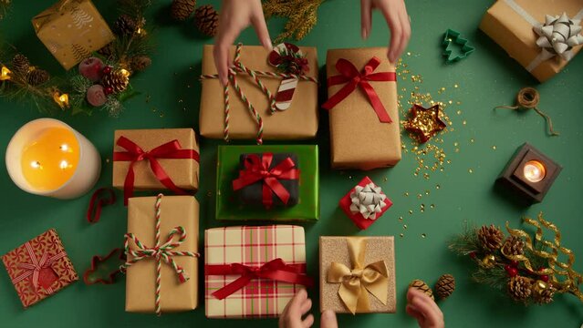 Female and male hands take away many colorful gift boxes from table. Flat layout full of beautiful present boxes on green background with Christmas decorations. Overhead view holiday gifts background