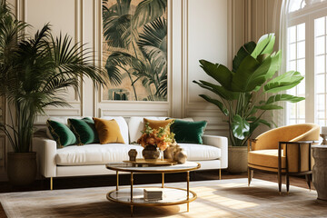 the living room in a stylish decor with green plant tree