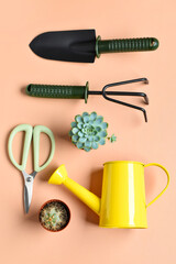 Set of gardening tools on beige background