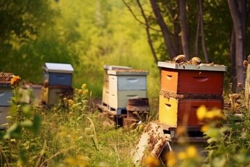 Country apiary. Beehives. Natural honey. Wild honey. Bees at the apiary. Bees gather honey in the meadow. Generative AI