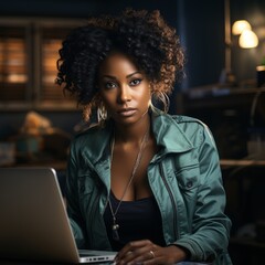 A young woman working on a laptop at home. She has a very determined look. Generative AI. 