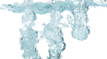 Drinking water pouring into clear glass. Bubbles inside from pouring falling clear water. Drinking...