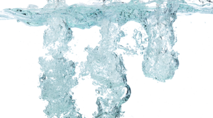 Drinking water pouring into clear glass. Bubbles inside from pouring falling clear water. Drinking soda water flush air bubble. White background isolated freeze element