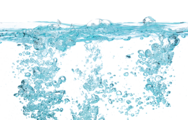 Drinking water pouring into clear glass. Bubbles inside from pouring falling clear water. Drinking soda water flush air bubble. White background isolated freeze element