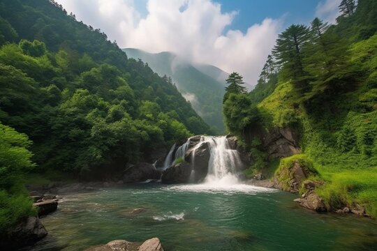 Breathtaking panorama of massive mountains, a cascading waterfall, a serene lake, and lush woodland. Generative AI