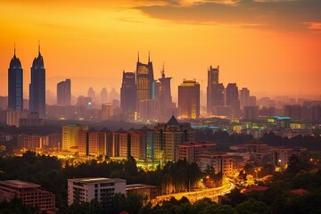Fototapeta na wymiar A scenic view of a city skyline at dusk, showcasing the Zifeng Building in Nanjing, Jiangsu, China. Generative AI
