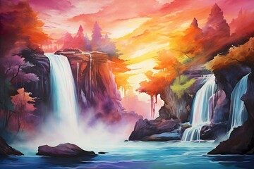 A colorful fantasy waterfall at sunset against an abstract watercolor background. Generative AI