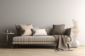 Sofa, pillows, plaid, lamp on floor in 3d rendered mockup. Generative AI