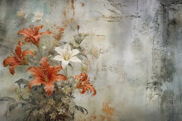 Floral artwork on rugged wall; ideal for interiors, wallpaper, posters, cards, packaging. Generative AI