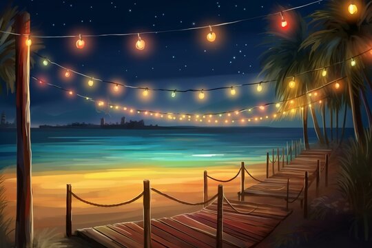 Illustration Of Lights Garland On Beach Cafe. Generative AI