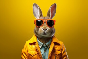 A rebellious bunny with shades and a cool jacket on a vibrant background. Generative AI - obrazy, fototapety, plakaty
