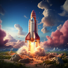 A stylized 3D rocket icon launching skyward. 