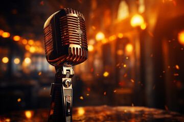Close up of microphone in concert hall with blurred lights at background.  - obrazy, fototapety, plakaty