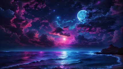 neon light art, in the dark of night,  moonlit seas, clouds, moon, stars, colorful, detailed, 4k