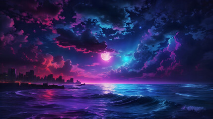 neon light art, in the dark of night,  moonlit seas, clouds, moon, stars, colorful, detailed, 4k