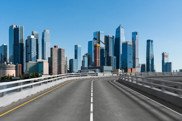 Empty urban asphalt road exterior with city buildings background. New modern highway concrete construction. Concept of way to success. Transportation logistic industry fast delivery. New York. USA.
