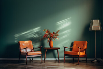 two chairs and a table in a green and brown living room.