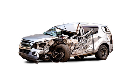 PNG format. Front of white car get damaged by accident on the road. damaged cars after collision....