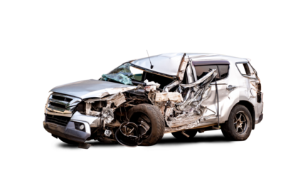 PNG format. Front of white car get damaged by accident on the road. damaged cars after collision. isolated on transparent background