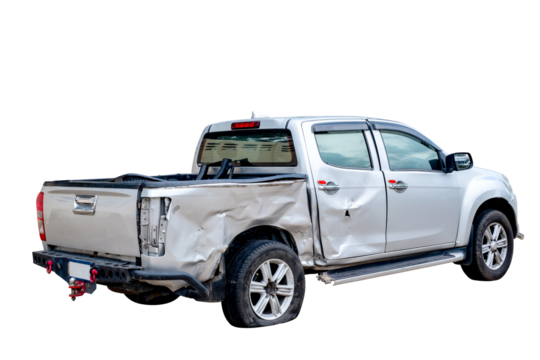 PNG format. Back and side view of gray or bronze pickup car get damaged by accident on the road. damaged cars after collision. isolated on transparent background