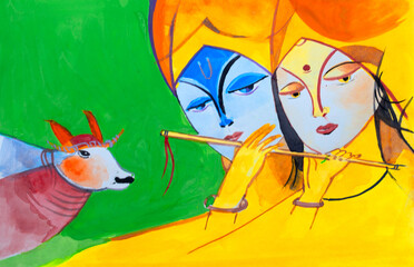 Beautiful poster color hand painted illustration of Indian God Krishna and His lady love Radha with flute and a cow in background. Indian spiritual watercolor painting of mythology, Lord Krishna.