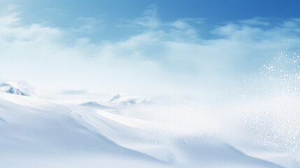 Natural winter snow background, beautifully lit with snowflakes  on a blue sky, copy banner.